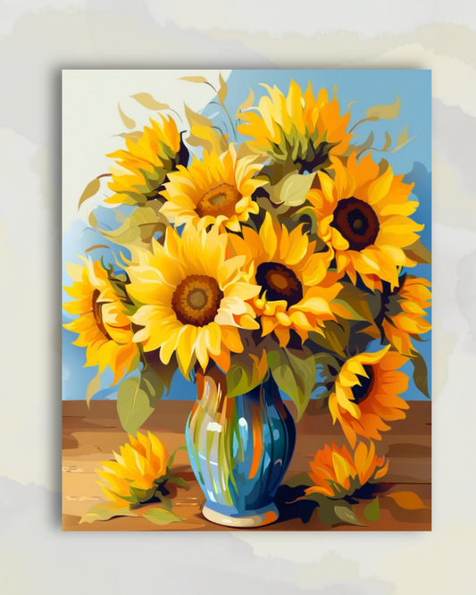 Bouquet de Tournesols Éclatants dans un Vase Bleu